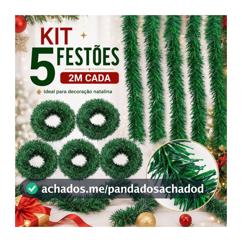 Festão Decoração De Natal Realista 10 Metros Cheio Grosso e Flexível Verde Varal Natalino 05 Peças 2m x 9cm