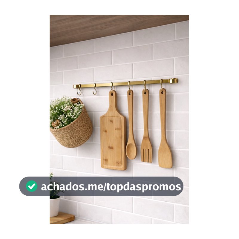 Barra Dourada Inox com 6 Ganchos para cozinha Organizaçao Suporte Dourado Inox Furute com Ganchos