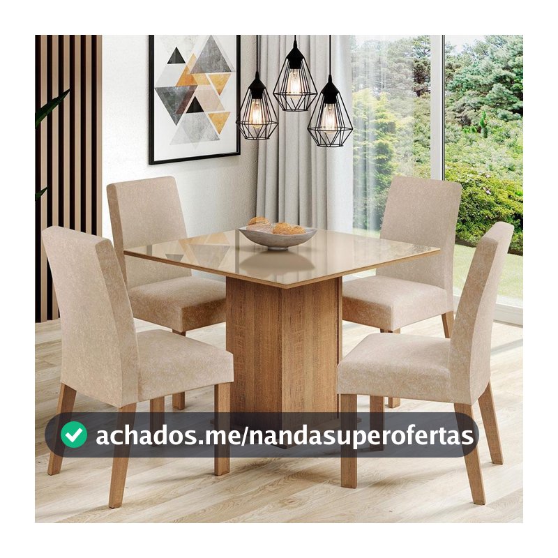 Conjunto Sala de Jantar Mesa Tampo de Vidro com 4 Cadeiras Rustic/Crema/Imperial Madesa Evelin