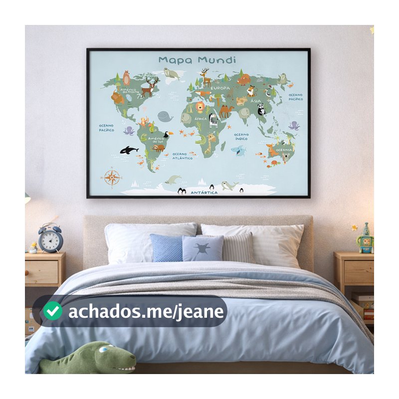 Quadro Mapa Mundi Ilustrado Infantil Moldura Com ou Sem Vidro 50x75 Ou 60x90