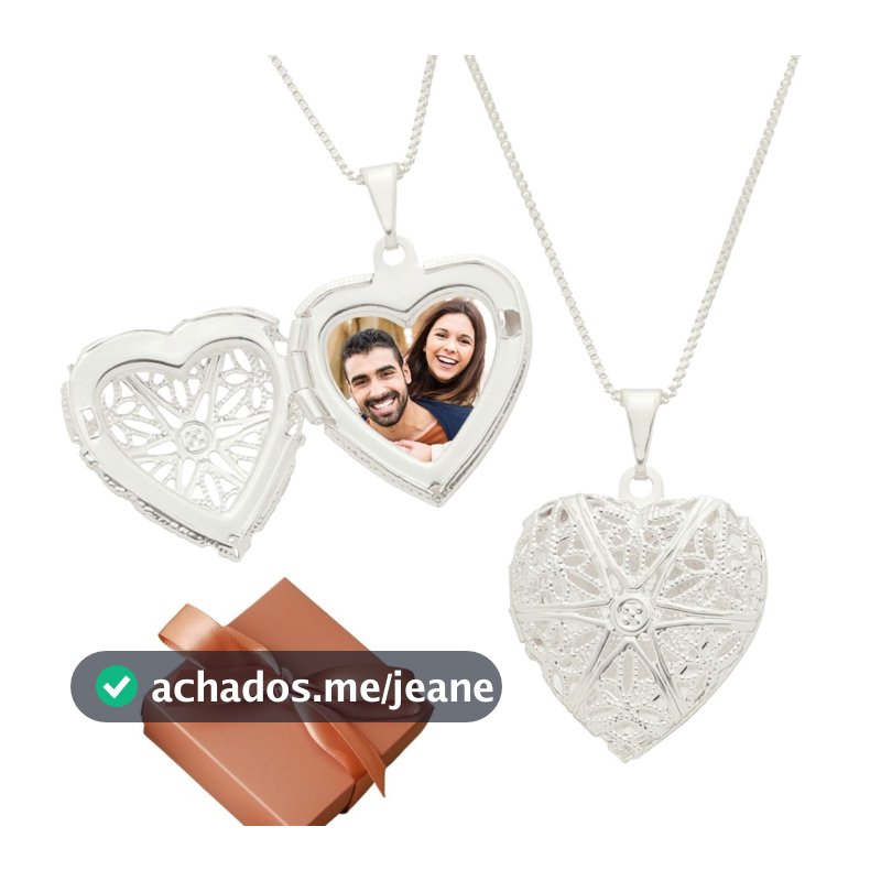 Colar feminino com pingente relicário coração vazado personalizado com foto banhado a prata 925