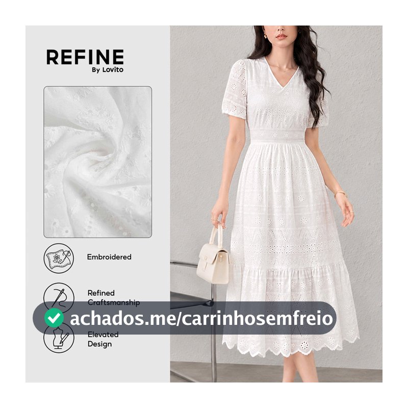 (Refine by Lovito) Elegante Vestido Casual Longo Babados Casamento Algodão Ilhós Branco Primavera/verão Feminino Trabalho LR26ED067