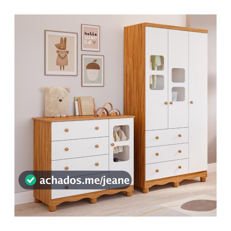 Quarto de Bebê Completo com Guarda Roupa 3 Portas Cômoda Uli 4 Gavetas 100% MDF