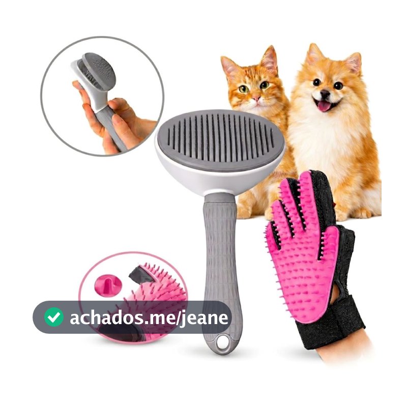 Kit Escova Rasqueadeira Automática Autolimpante + Luva Tira Pelo Nano Magnética Massageadora Cães Gatos