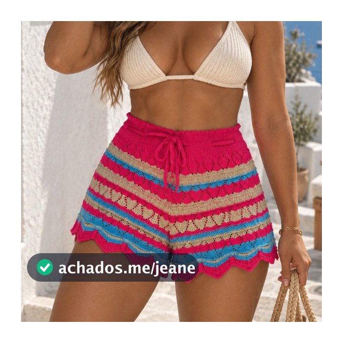 Short Saída de Praia Feminino Crochê Moda Verão Tricot Leve Estiloso Look Praia Tendência