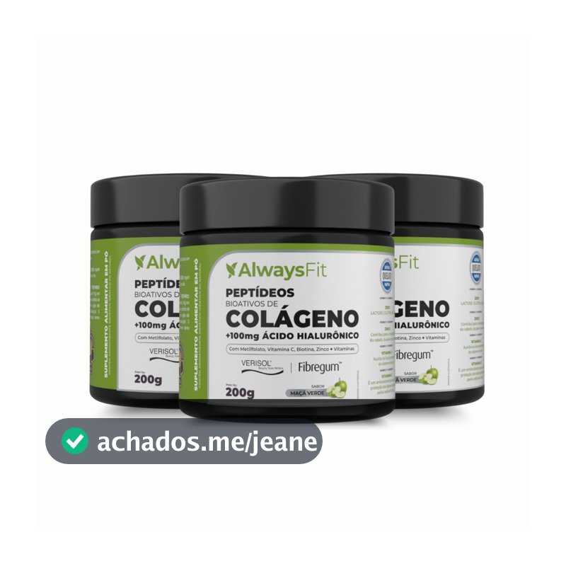 Kit 3x Colágeno Verisol AlwaysFit | Ácido Hialurônico + Vitaminas, Minerais, Fibras | Maçã Verde 200 g