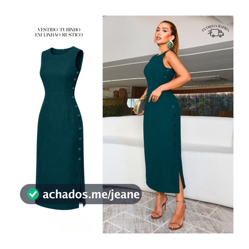 Vestido tubinho feminino elegante longo com fenda de Linhâo com Botões Ajustáveis com Forro