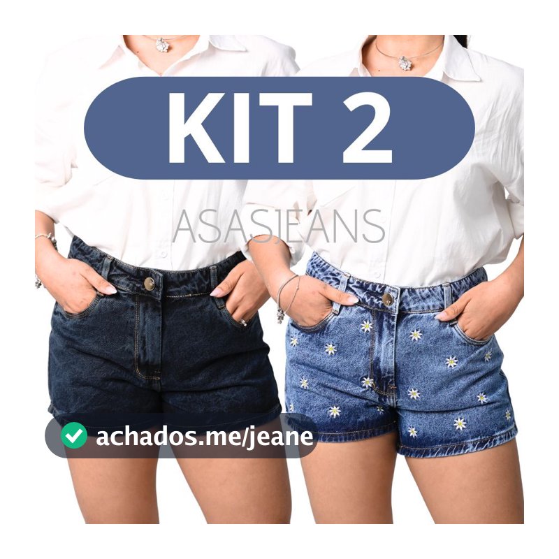 Kit 2 Shorts Jeans 54 ao 36 Bordado Sem Elastano 100% Algodão Cintura Alta