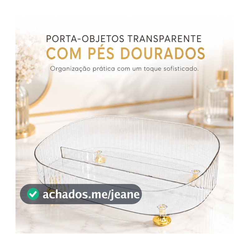 Porta Objetos Transparente com Pés Dourados Organizador para Maquiagem Bijuterias e Acessórios
