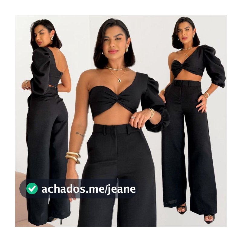 Conjunto Top Manga Única Balonê e Calça Pantalona em Linhão Gabriela Marca LUNII