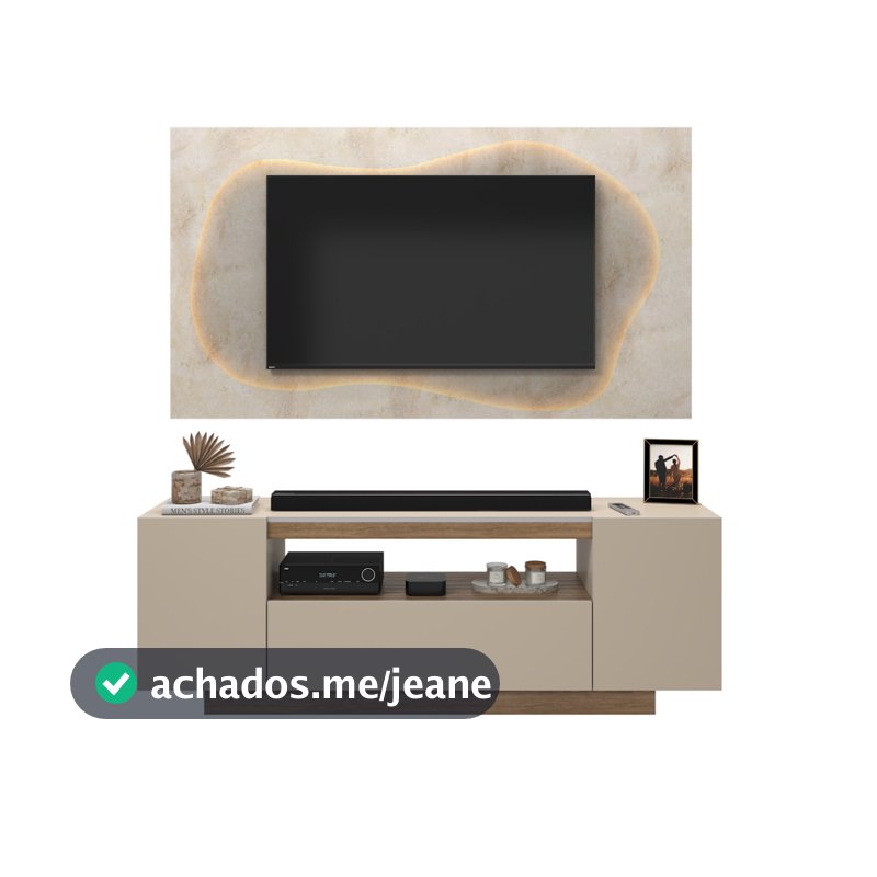 Rack TV até 58" Off White/Nature 120cm 2 Gavetas 1 Nicho Sala de Estar MDF/MDP Moderno Painel Ripado Orgânico Simula LED