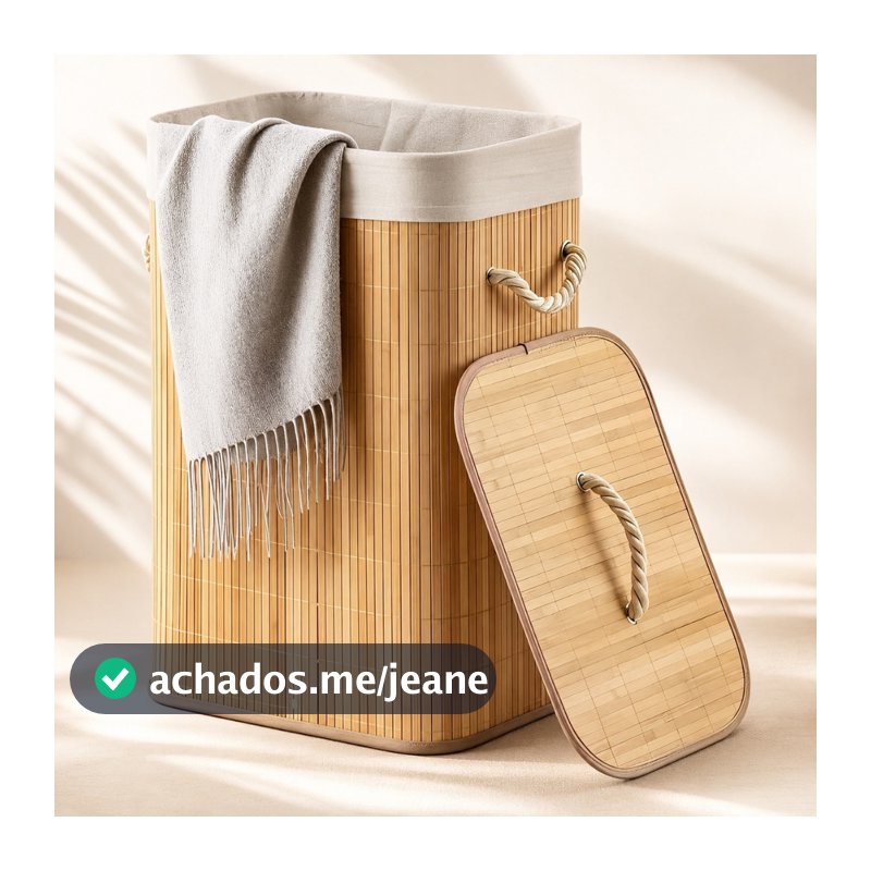 Cesto Organizador de Roupas 72 Litros com Tampa Bambu para Banheiro e Lavanderia