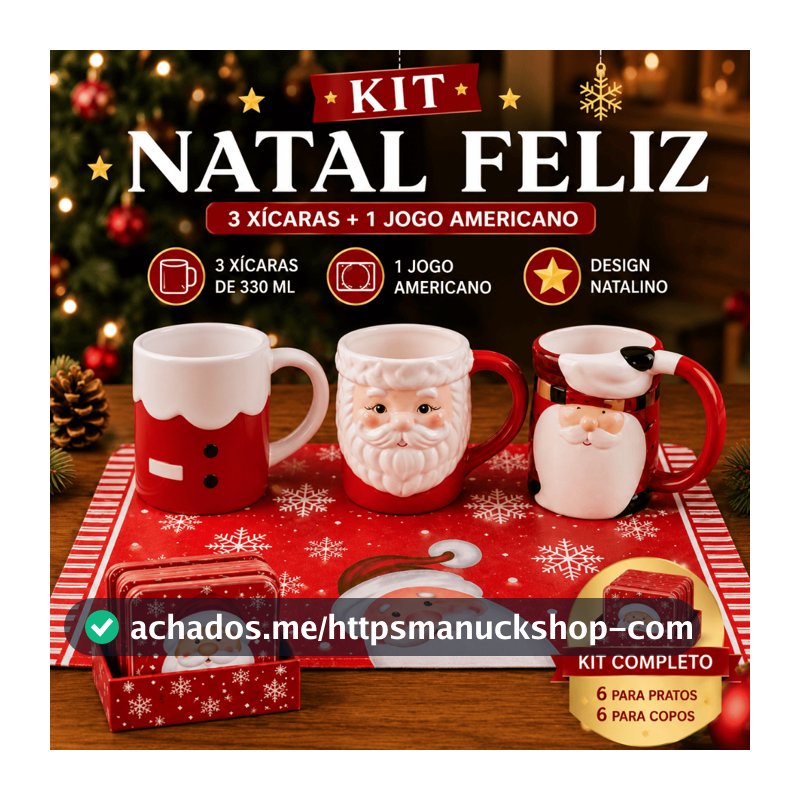Kit Natalino Canecas 330ml + Jogo Americano + Porta-Copos Natal Festa Presente