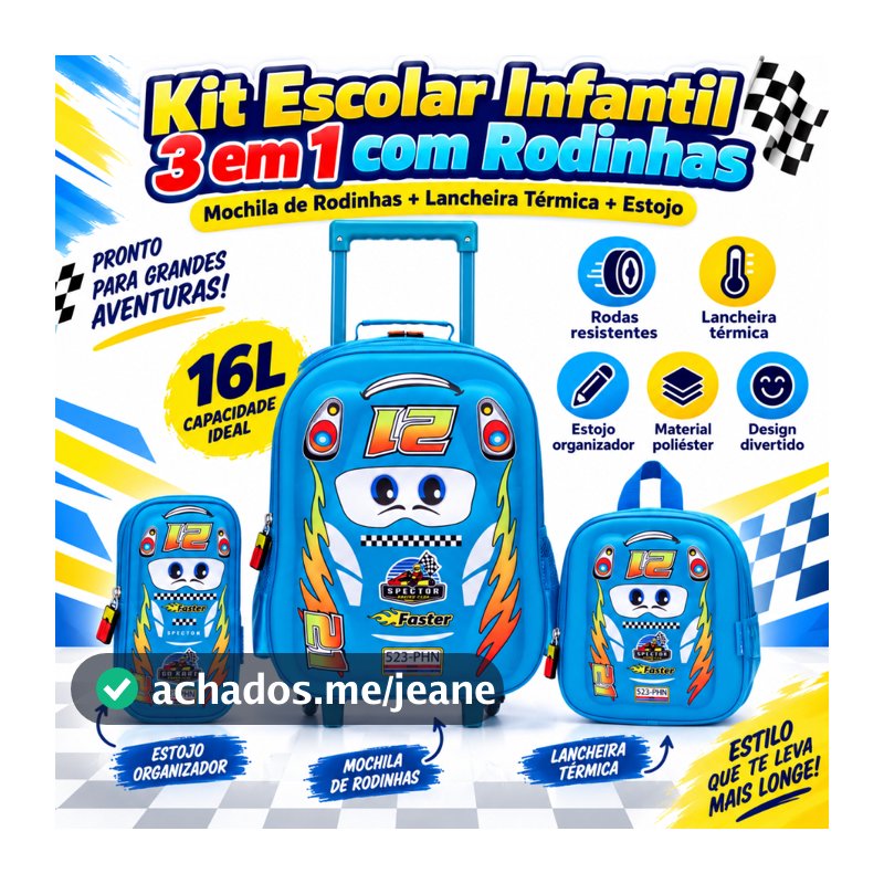 Kit Mochila Azul Lancheira Estojo Spector Menino Infantil Rodinhas