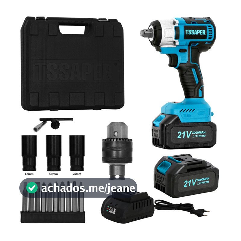 Chave de impacto 21v torque de 380nm com 2 baterias, maleta e 3 soquetes Brushless Tssaper TSCH21-2