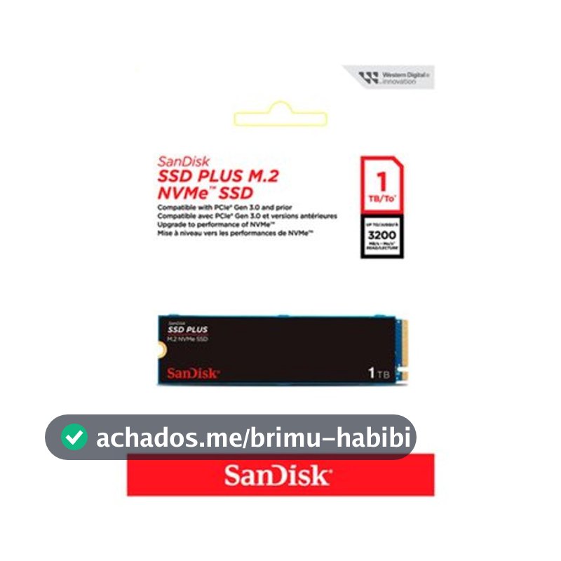 SSD SanDisk Plus, 1TB, M.2 PCle, NVMe, Leitura 3200MB/s e Gravação acima de 2500MB/s, Preto - SDSSDA3N-1T00-G26