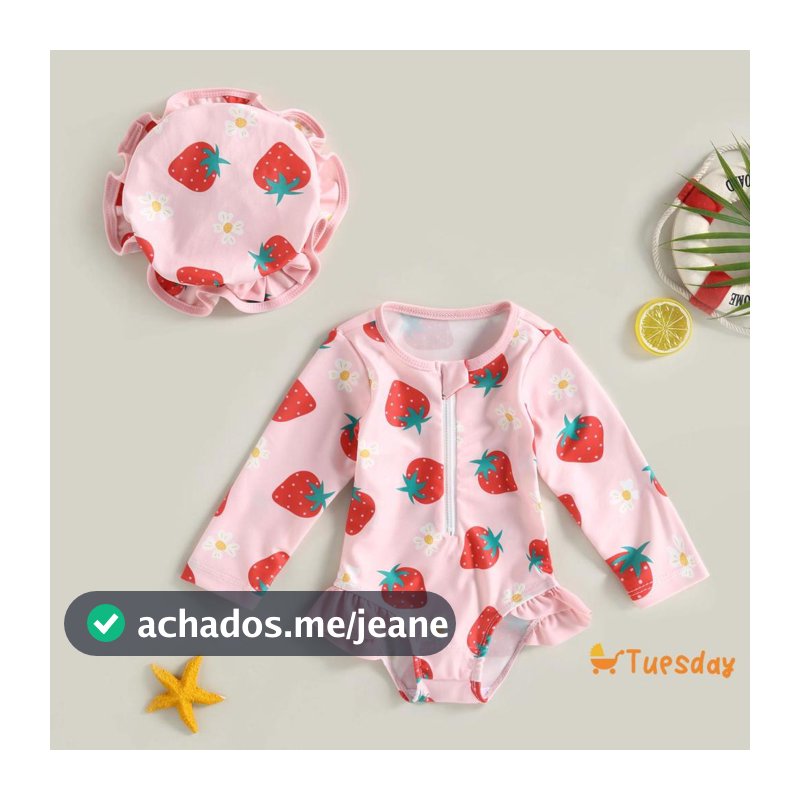 Terça-Feira-0-3 Anos Fato De Banho Toddler Girl Rash Guard Strawberry Print + Hat