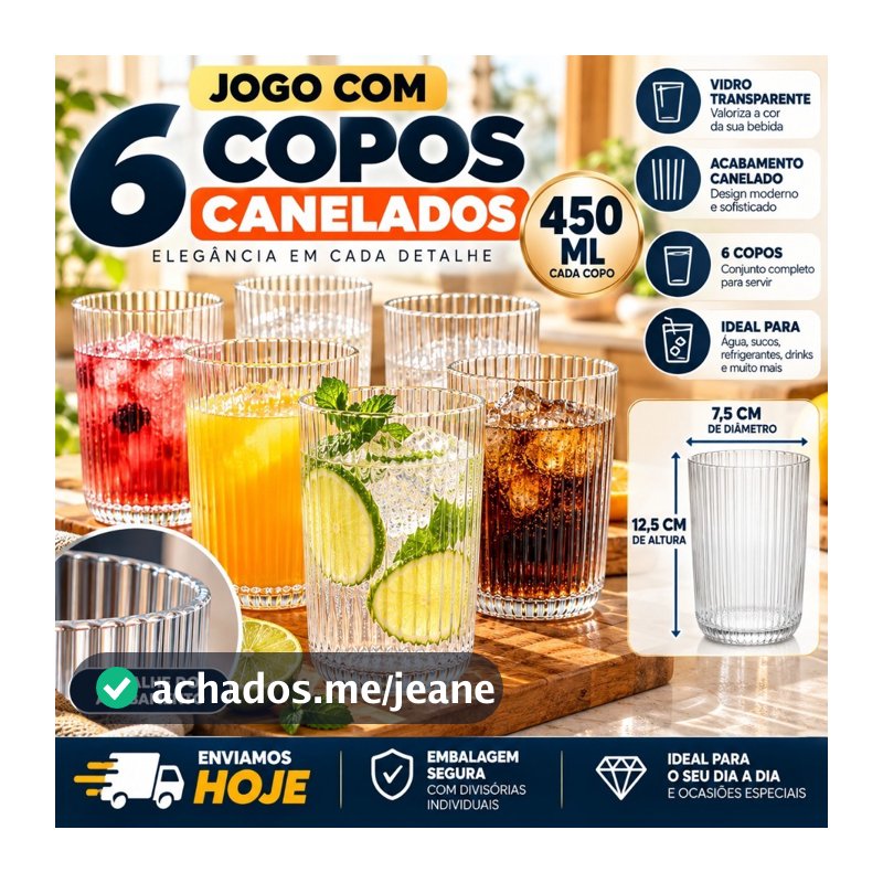Jogo 6 Copos de Vidro Canelado Transparente 450ml ideal para Água Suco Refrigerante Drinks e Bebidas