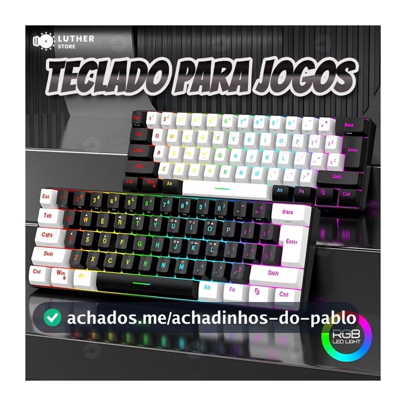 Teclado para jogos com fio 61-Key RGB Backlight Mini Compact USB-C Cabo de alimentação plugável