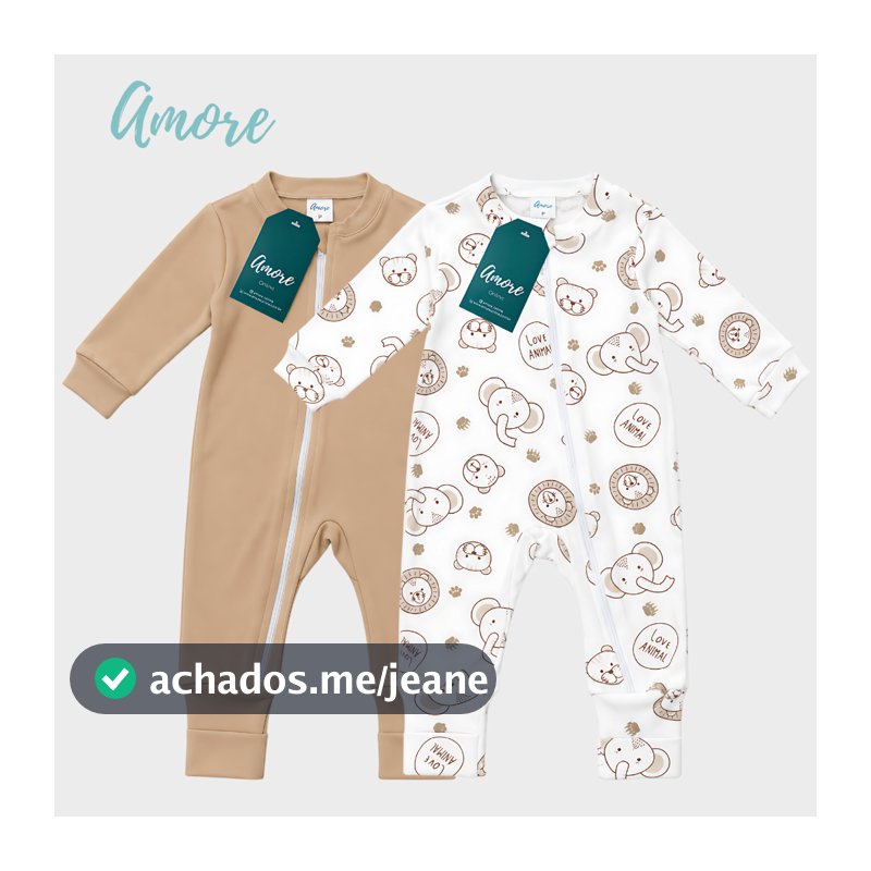 Kit 2 Macacão Bebê Amore Vira Pé Amiguinhos e Marrom Com Zíper 100% Algodão