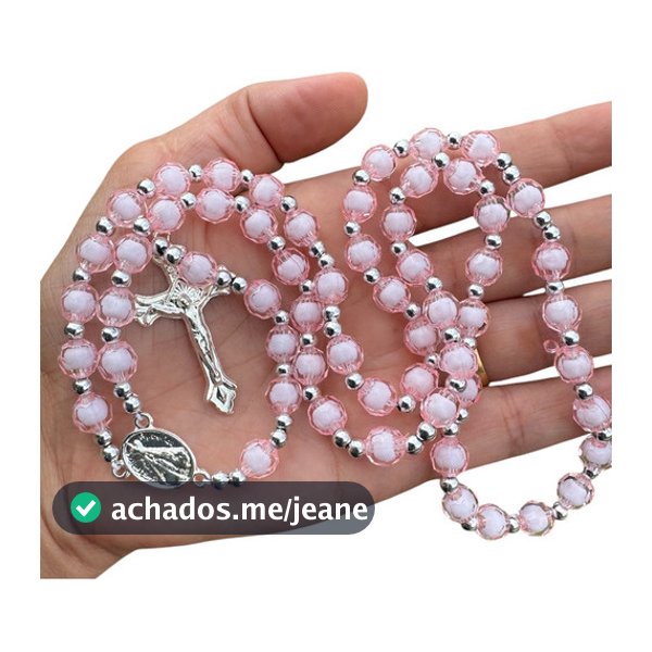 Terço Artesanal feito na Linha e Acrílico Rosa_Metais Prata