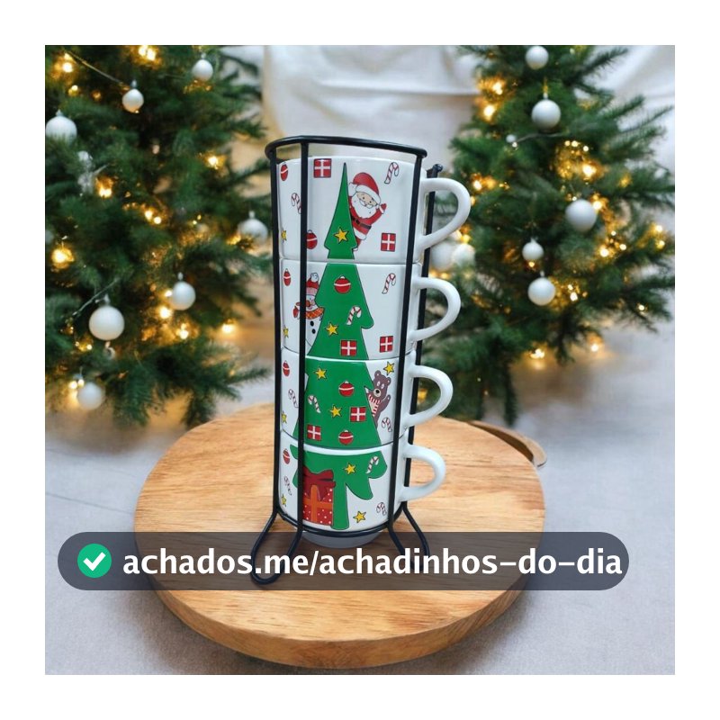Jogo De 4 Xicaras 210ml Café Chá Porcelana Arvore de Natal Com Suporte de Metal