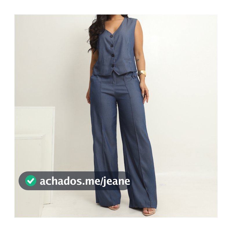 Conjunto Feminino Colete e Calça Azul Jeans Denim Elegante