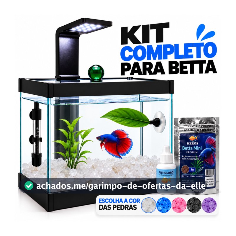Aquário Completo Beteira - Aquário + Luminária + Decorações+ Ração e Anticloro Betta + Aquecedor Opcional