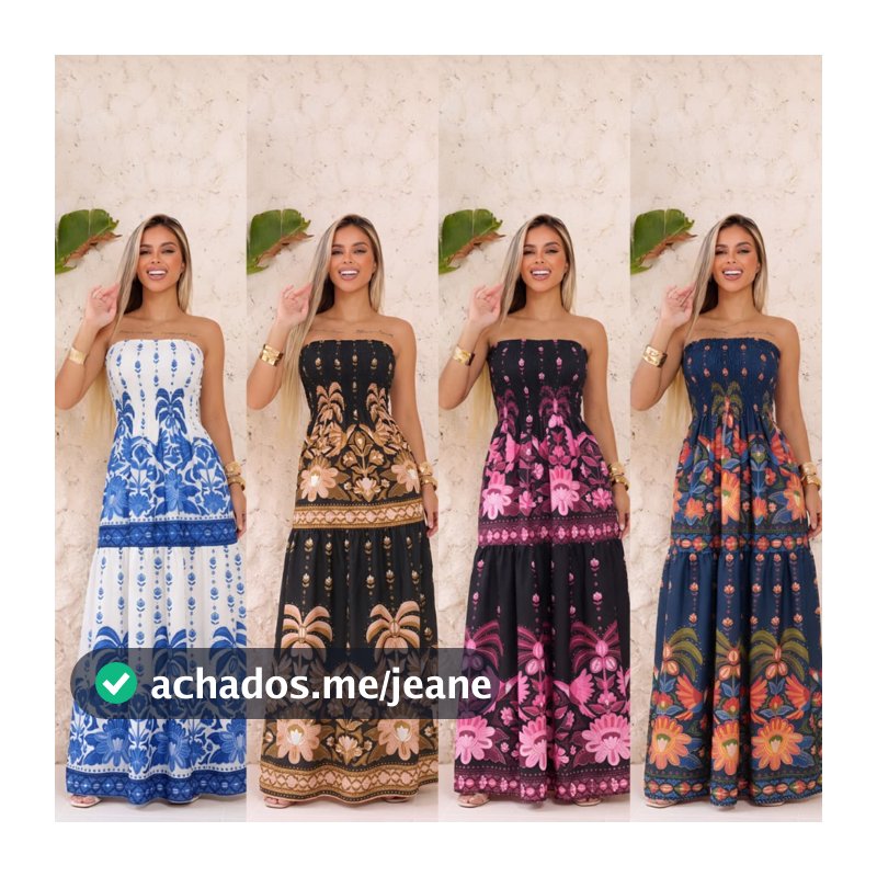 Vestido feminino longo Tomara que Caía estampado tropical verão