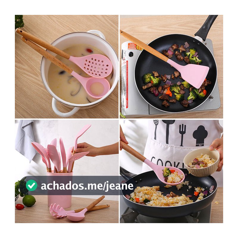 Kit Utensílios de Cozinha Silicone Cabo de Madeira Antiaderente com Suporte 5/12 Peças