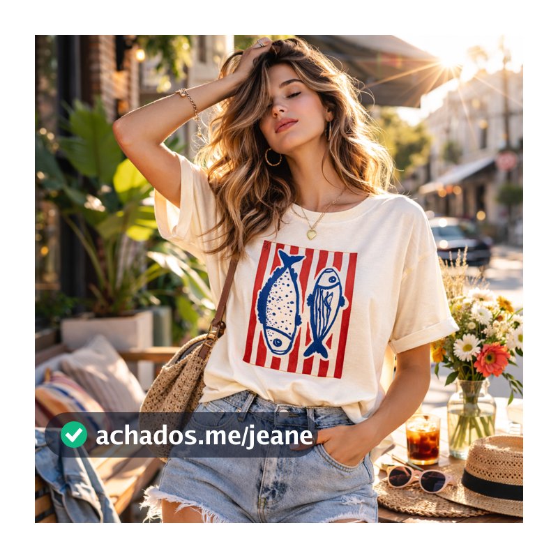 Blusa Roupa Feminina Camiseta Verão Casual Peixe Sardine Listras Gola Redonda Tendência Moda 2026