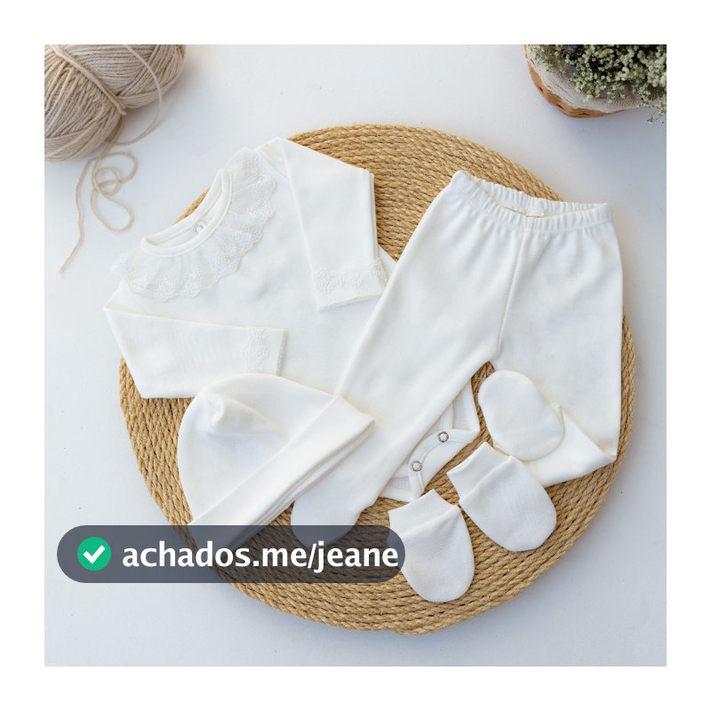 Kit Saída Maternidade Menina Off White 4 Peças 100% Algodão Renda Premium