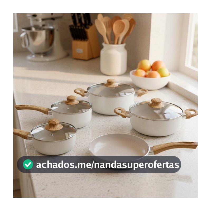 Jogo de Panelas Conjunto 5 Peças Antiaderente Cerâmica com Indução Tampa de Vidro Cozinha Frigideira