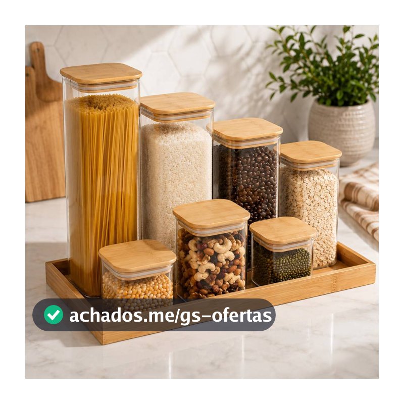 Kit Potes Quadrado  Grande de Vidro com Tampa Bambu Grande Mantimentos