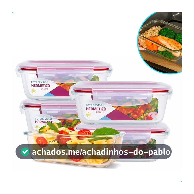 Kit Potes de Vidro 640ml Hermético Marmita Fit com Tampa 4 Travas