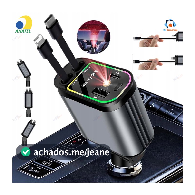 Carregador Retrátil para Carro 4 em 1 com Luz LED 180° Ajustável e Cabo Flexível para iPhone Android