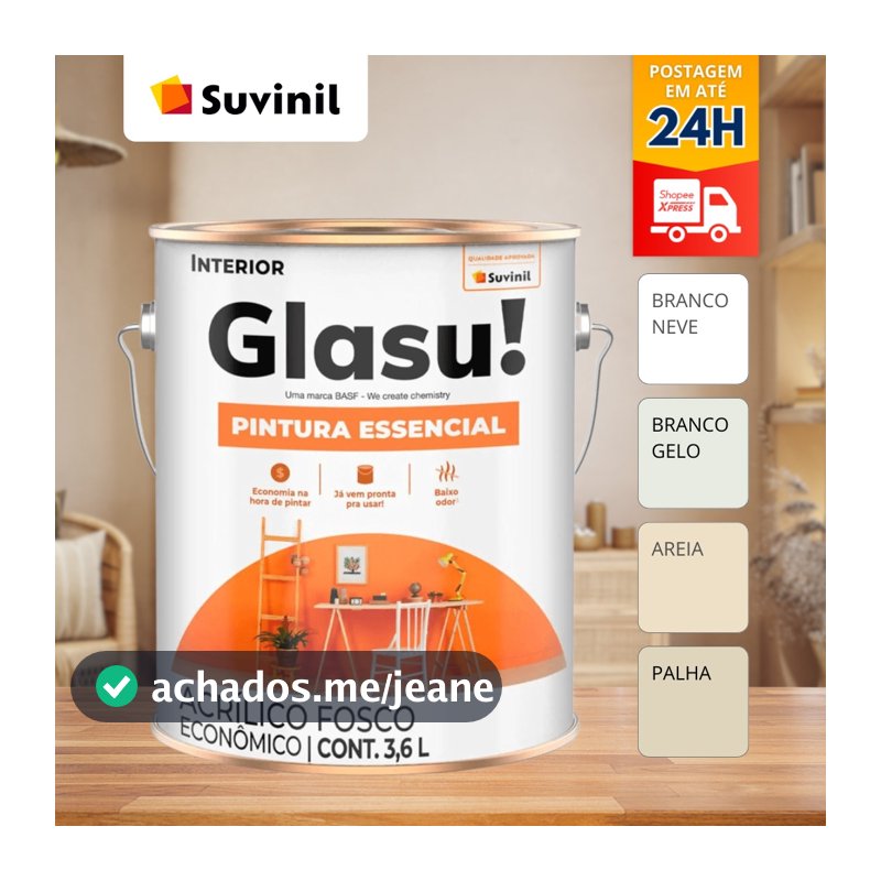 TINTA ACRÍLICA GLASU! PINTURA ESSENCIAL 3,6L BRANCO / GELO / PALHA / AREIA SUVINIL