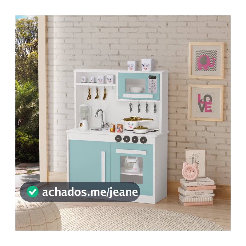 Kit Cozinha Infantil com Fogão, Pia e Micro-ondas – Madeira Resistente MDF/MDP Verde Menta