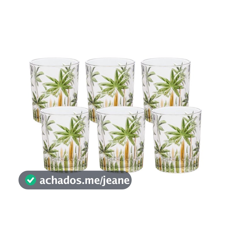Jogo de Copos de Vidro 6 Copo Baixo Palm Tree Handpaint 340ml Cristal - Wolff