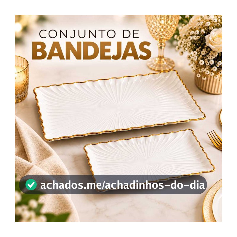 Kit 2 Bandejas Decorativas Brancas com Borda Dourada para Servir Doces, Petiscos, Frutas e Decorar Mesa de Jantar e Casa