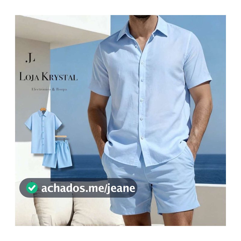 LK  Conjunto crepinho Masculino Camisa Botão Bermuda Mauricinho Casual Slim Fit