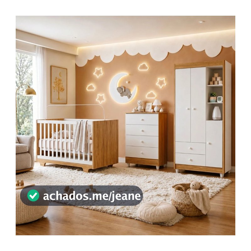 Quarto de Bebê Completo 100% MDF Cômoda Berço e Guarda Roupa Nina Branco/Amadeirado