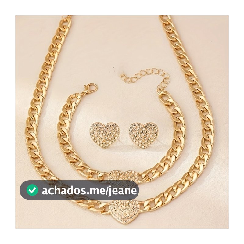 Novo conjunto feminino de colar, pulseira e brincos com pingente de coração cravejado de diamantes e corrente grossa.