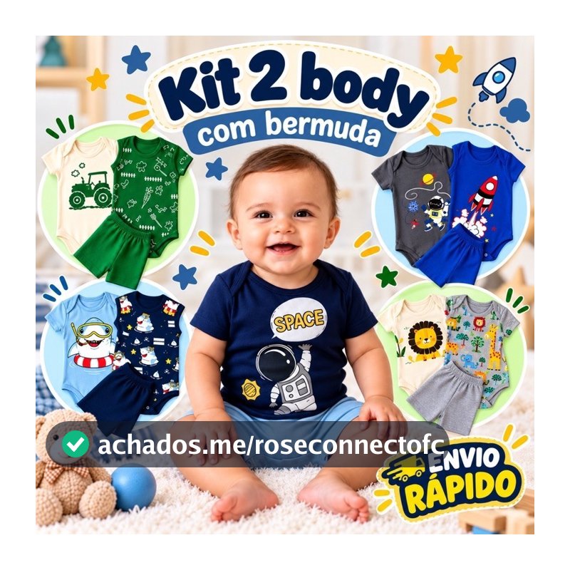 Kit 2 body com bermuda bebê menino. Roupa de Bebê . Do RN ao GG. Escolha sua estampa