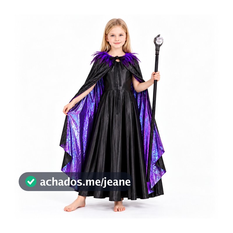 Fantasia Infantil Bruxa Preta e Roxa com Capa de Plumas e Cajado com Cristal Halloween