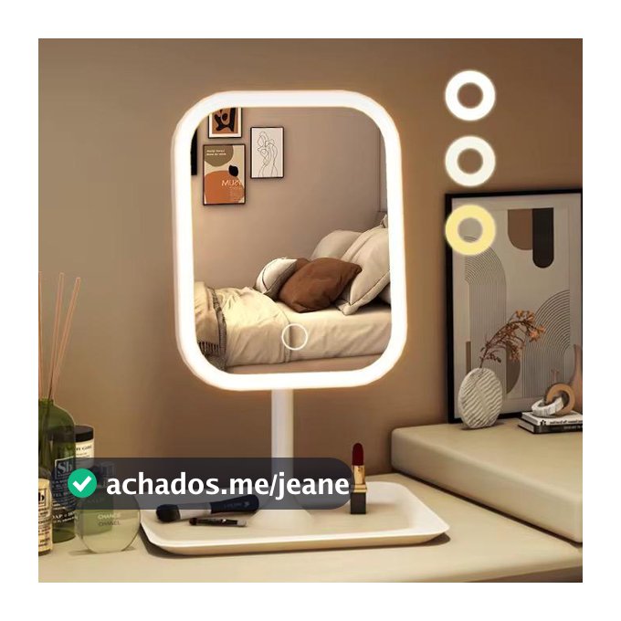 Espelho de Led Com Base Para Maquiagem Portátil Com 3 Tipos de iluminação Rotação Abajur