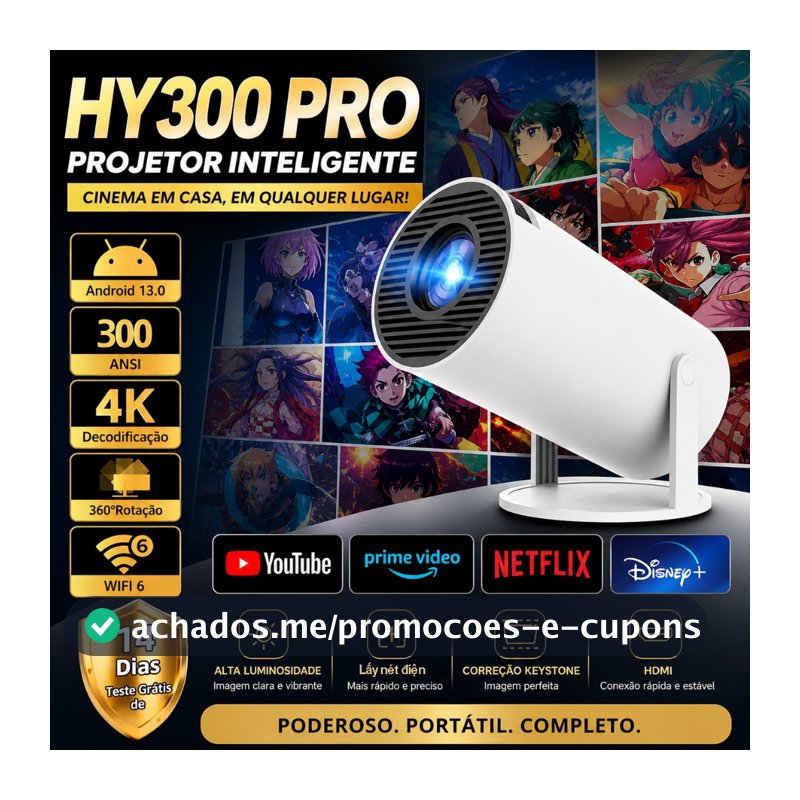 HY300 Pro Projetor 300 ANSI Android 13 2GB+16GB Play Store Netflix YouTube WiFi 1080P 4K Mini Portátil 14 Dias Teste