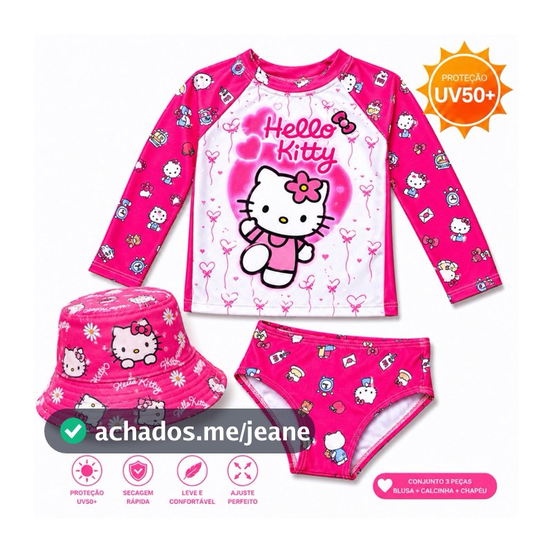 Conjunto Biquíni Infantil Menina Hello Kitty 3 Peças UV50+ Blusa Manga Longa, Calcinha e Chapéu Proteção Solar