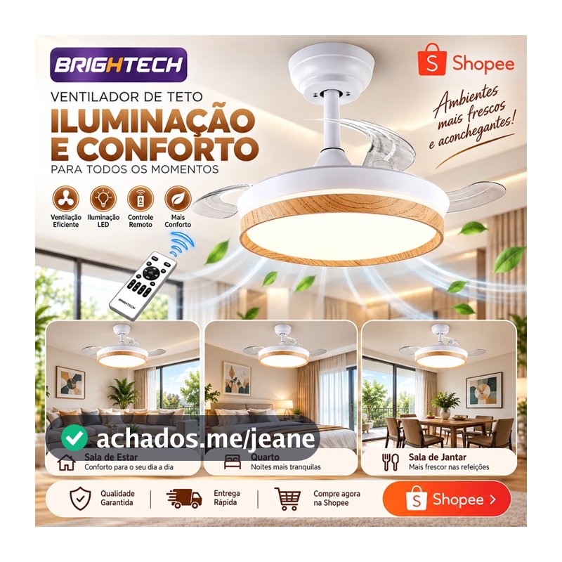 Brightech 107cm Ventilador De Teto Silencioso Retrátil LED Controle Turbo Bivolt 127/220V Até 30m²