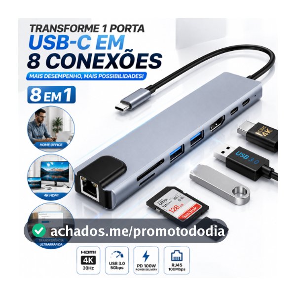 Hub USB C 8 Em 1 HDMI 4K Adaptador Type C Dock Station USB 3.0 RJ45 PD 100W Leitor SD TF Para Notebook MacBook Air M1 M2